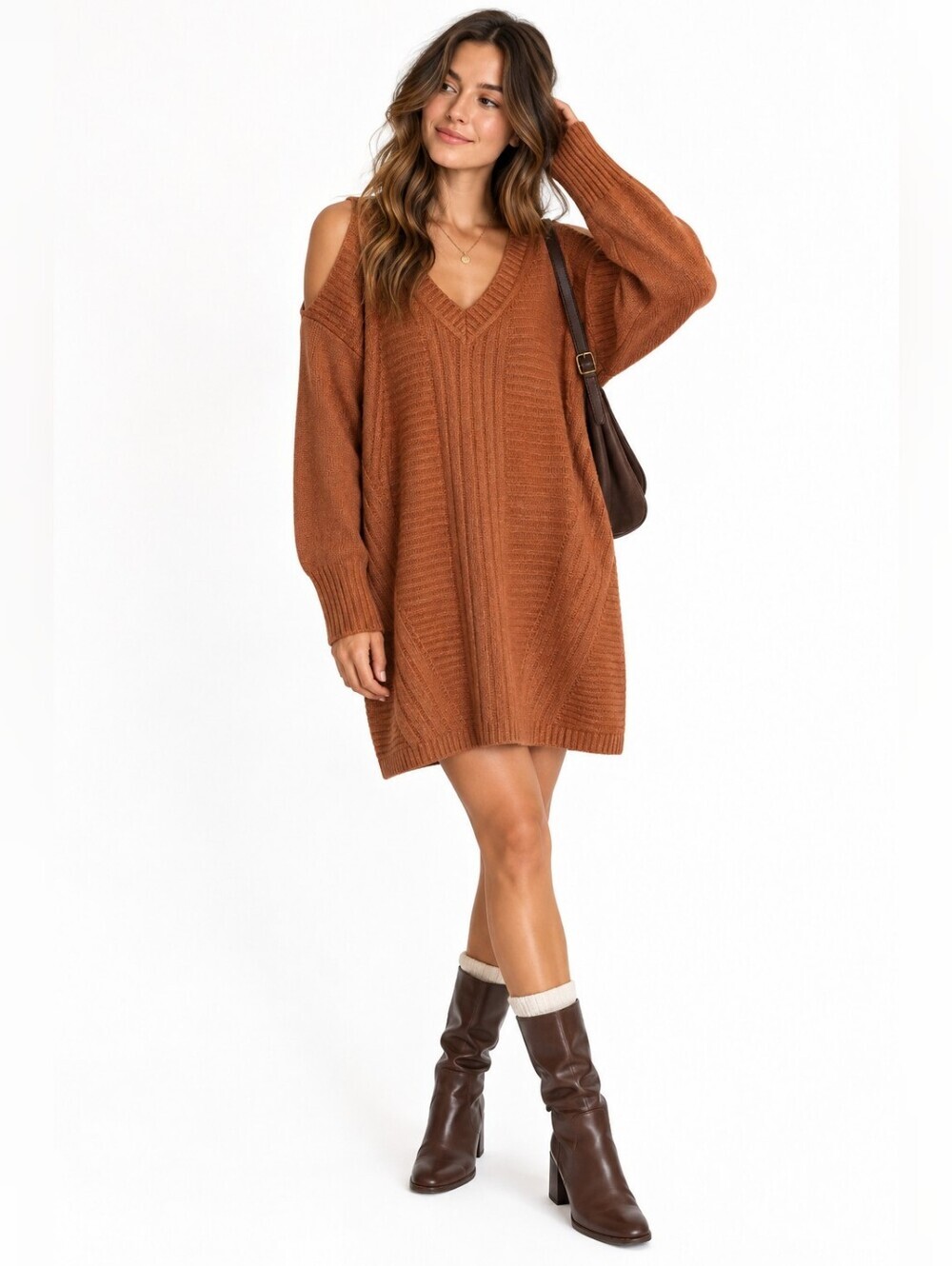 Women's Say What? Rust Cold Shoulder Sweater Dress M